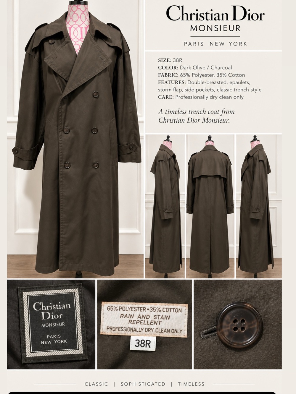 Vintage Dior Monsieur Double-Breasted Dark Olive Trench Coat